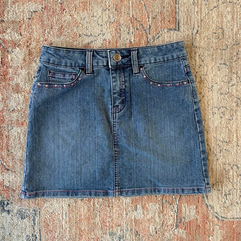 Arizona Jean Co Womens Y2K Low Rise Denim Mini Skirt Blue Pink Rhinestone 24 W
